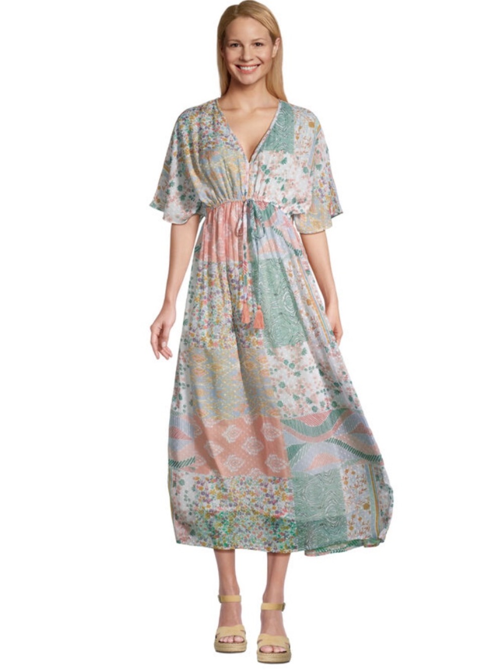 WORLD MARKET Women’s Size S/M Mira Pastel Dobby Mixed Patchwork Kaftan Dress